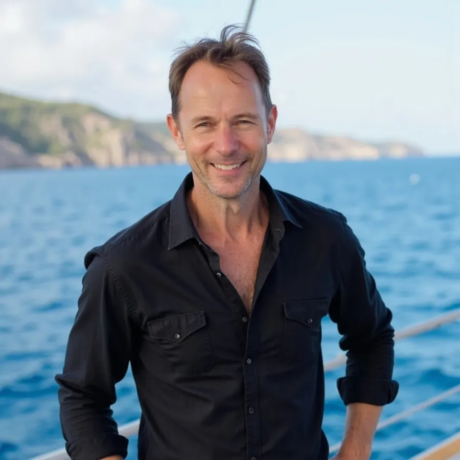 Dominic White on a yacht at sea